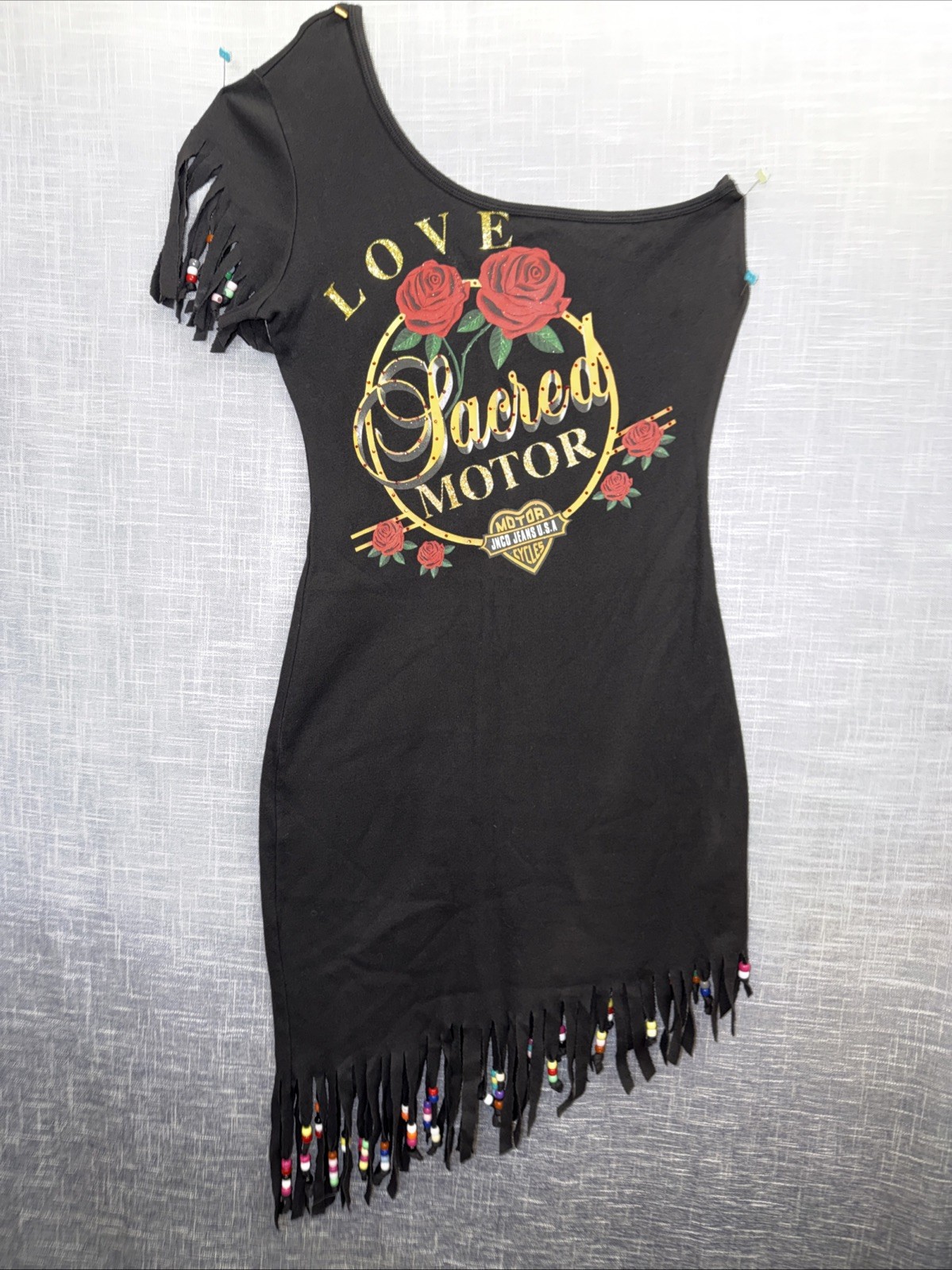 NWT Motorcycle Biker Dress Love Sexy Jnco Beaded Fringe Sacred Asymmetrical M