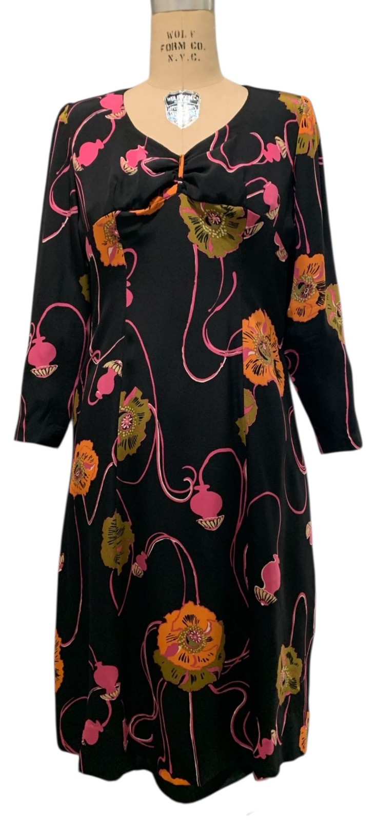 Vintage 70s/80s Women&rsquo;s Black Empire Waist Floral Print Long A-Line Dress – Sz M