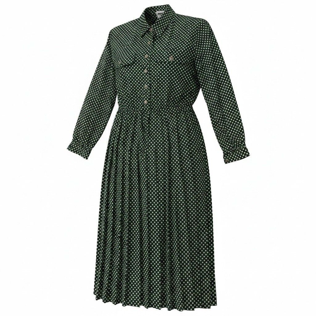 Vintage 80s Leslie Fay Hunter Green Polka Dot Midi Secretary Dress – Size 10 EUC