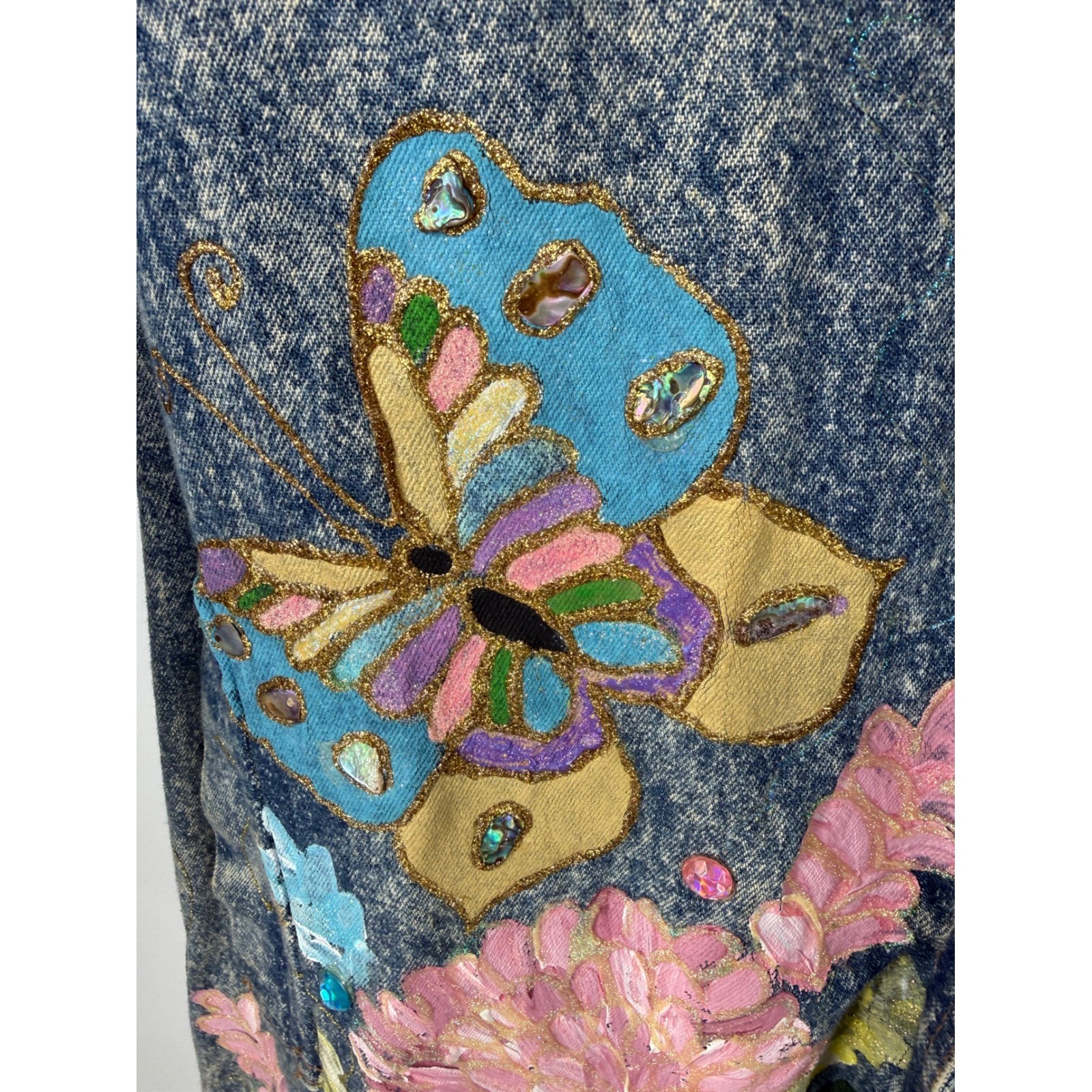 Vintage Fit America Womens Large Denim Trench Coat Hand Painted Floral Acid Wash