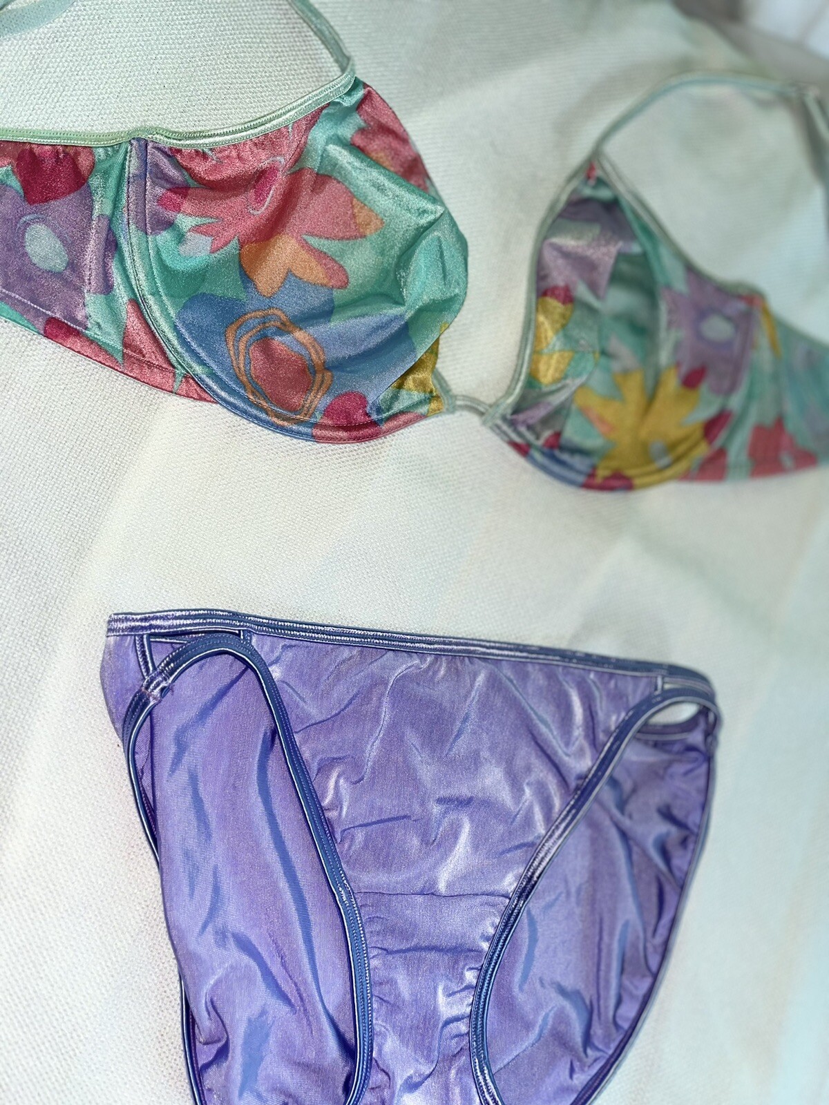 Vtg Victorias Secret Bra Y2K Unlined Pop Floral Purple Vanity Fair Panty 6 M 36D