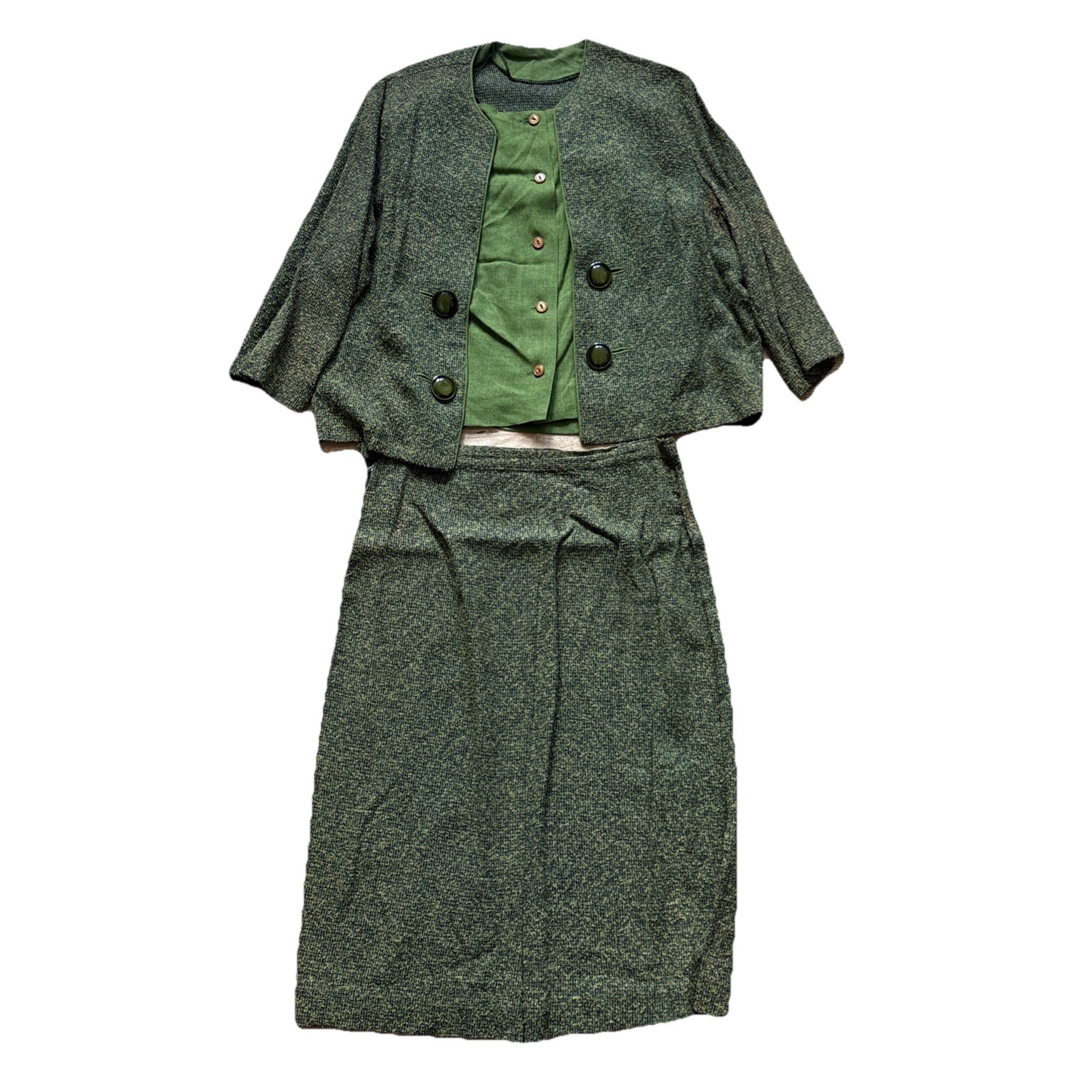 Vintage 1960’s Olive Green Tweed Long Straight Skirt 3 Piece Jacket Blouse M 60s