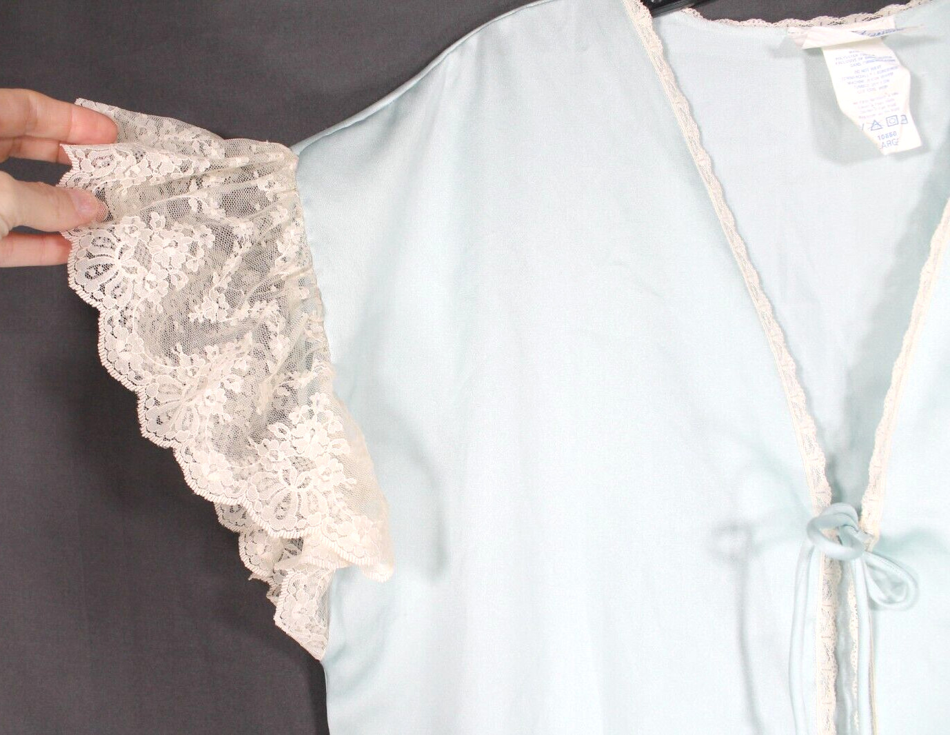 VTG UNDERCOVER WEAR Aqua RUFFLE LACE SLEEVE Tie Front DRESSING GOWN ROBE Sz L