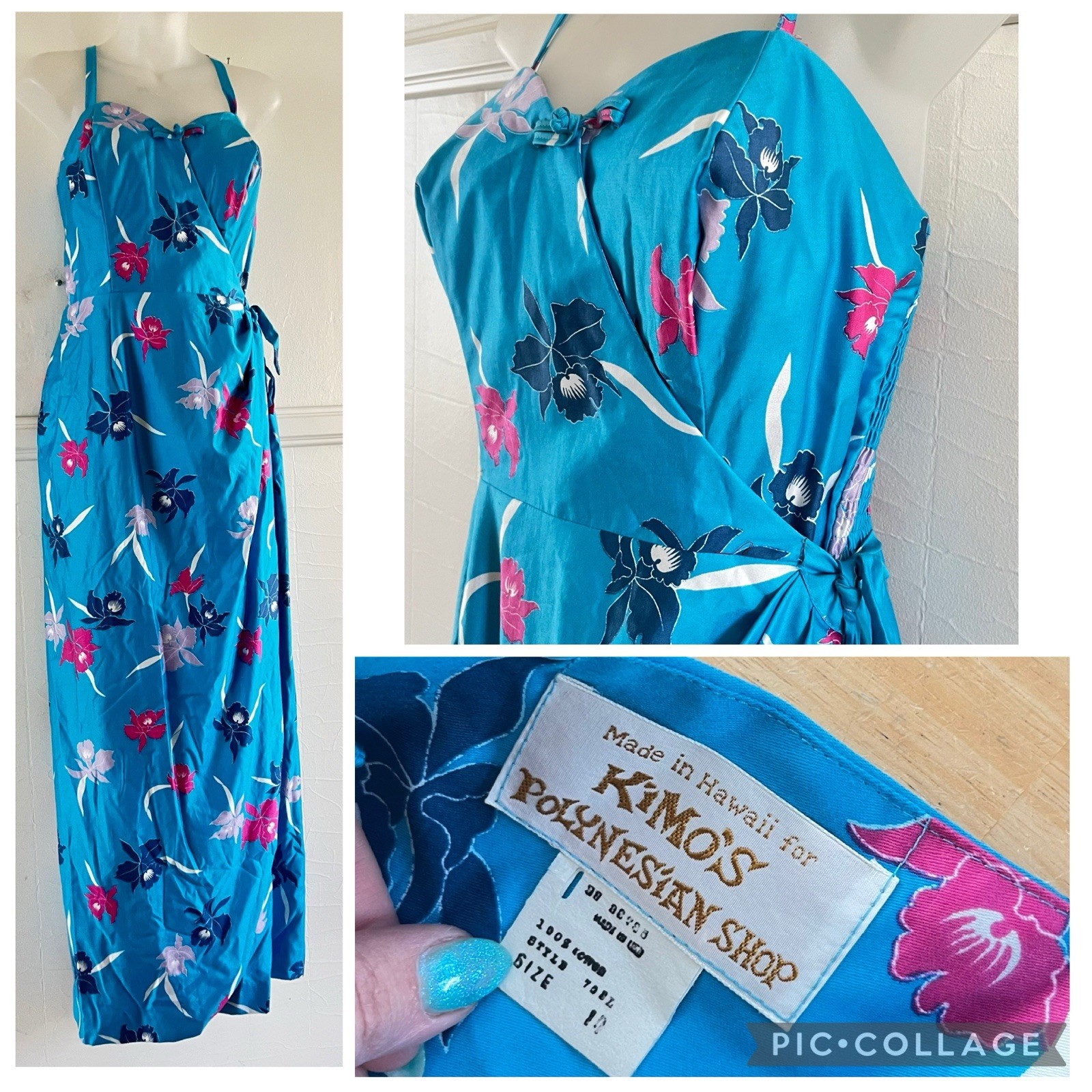 VTG 60&rsquo;s Kimo&rsquo;s Polynesian Shop Hawaiian 🌺 Turquoise Maxi Wrap Sarong Dress-14
