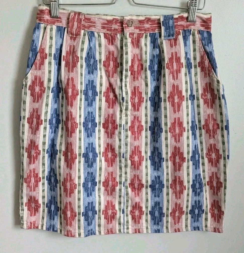 Vintage 80s Western Short Skirt 100% Cotton Aztec Boho Rodeo USA Cowgirl Mini M