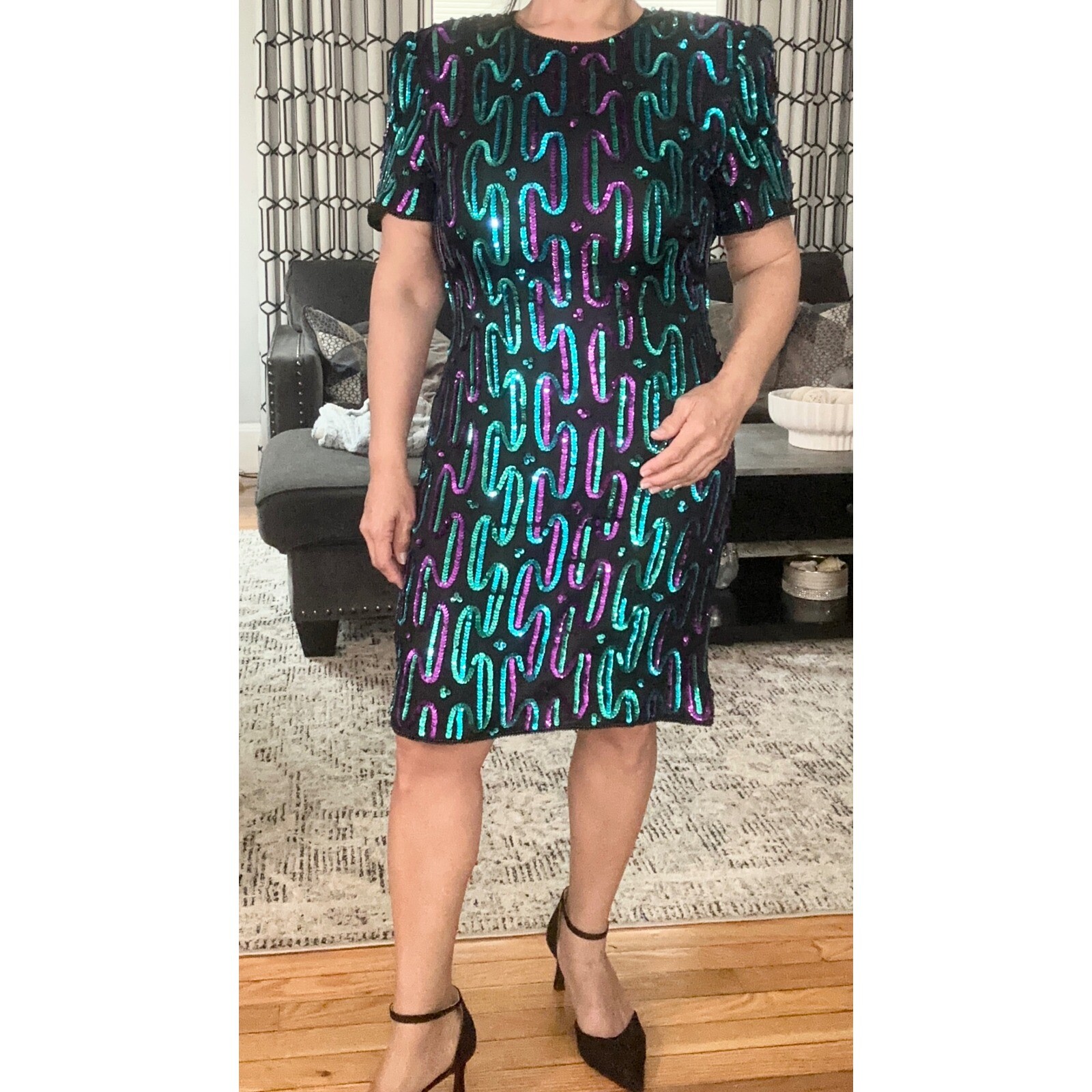 VTG Eves Allure Sequin Beaded Black Silk Short Sleeve Cocktail Party Dress L