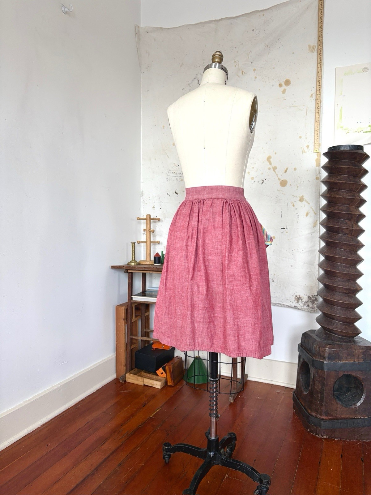 30s 40s Chambray Rayon Cotton Button Front Skirt Feedsack Pocket Workwear 24/25”