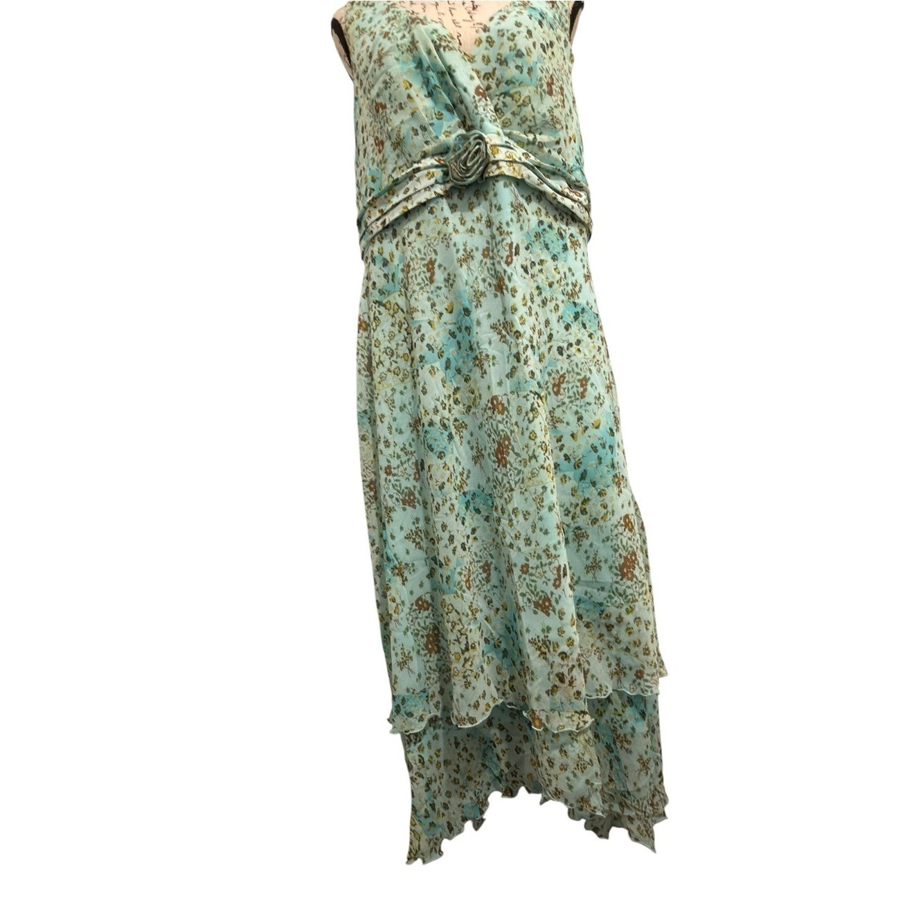 Vtg boho fairy Floral blue green pleated waist Midi Double Ruffle dress