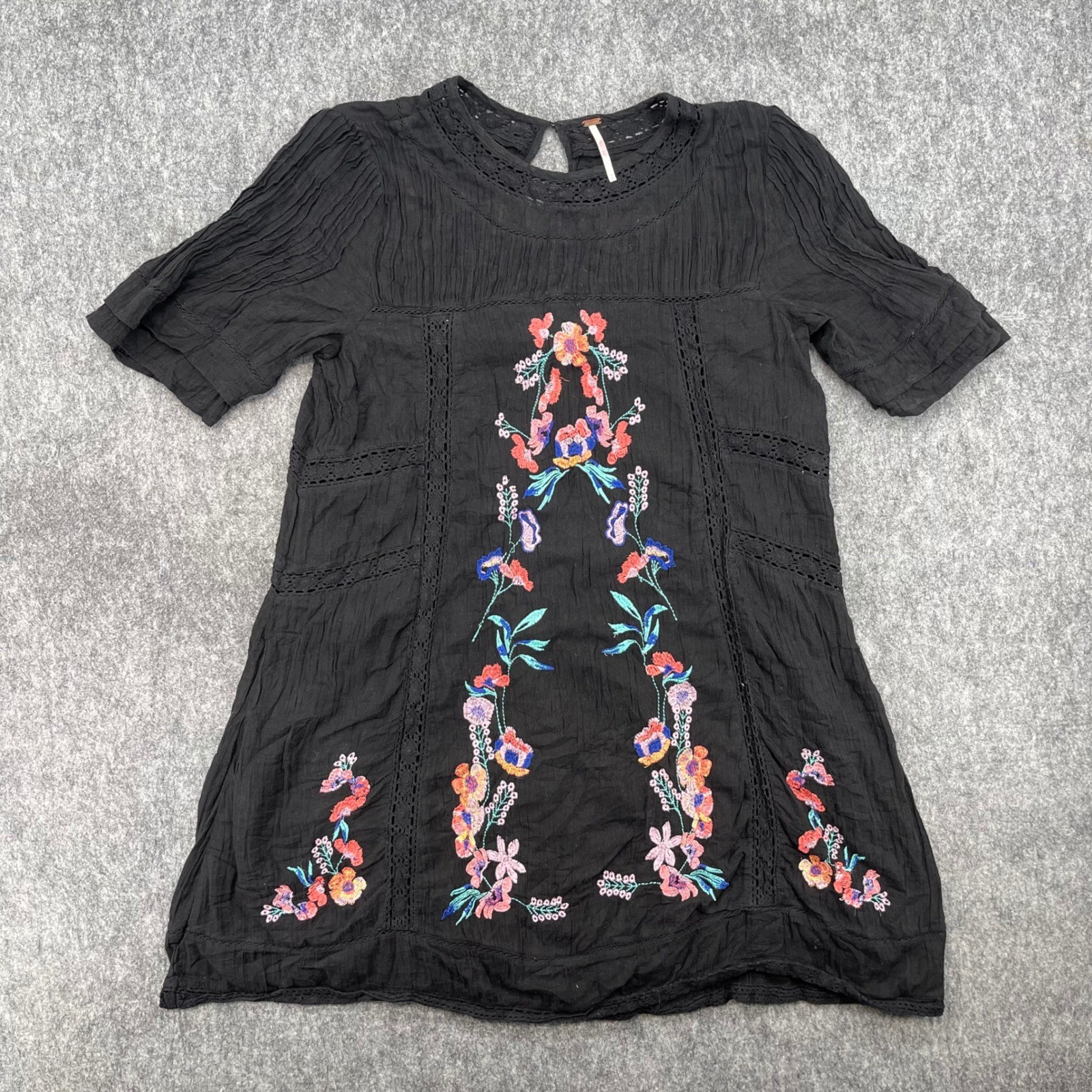 Free People Dress Medium Black Perfectly Victorian Floral Embroidered Mini Dress
