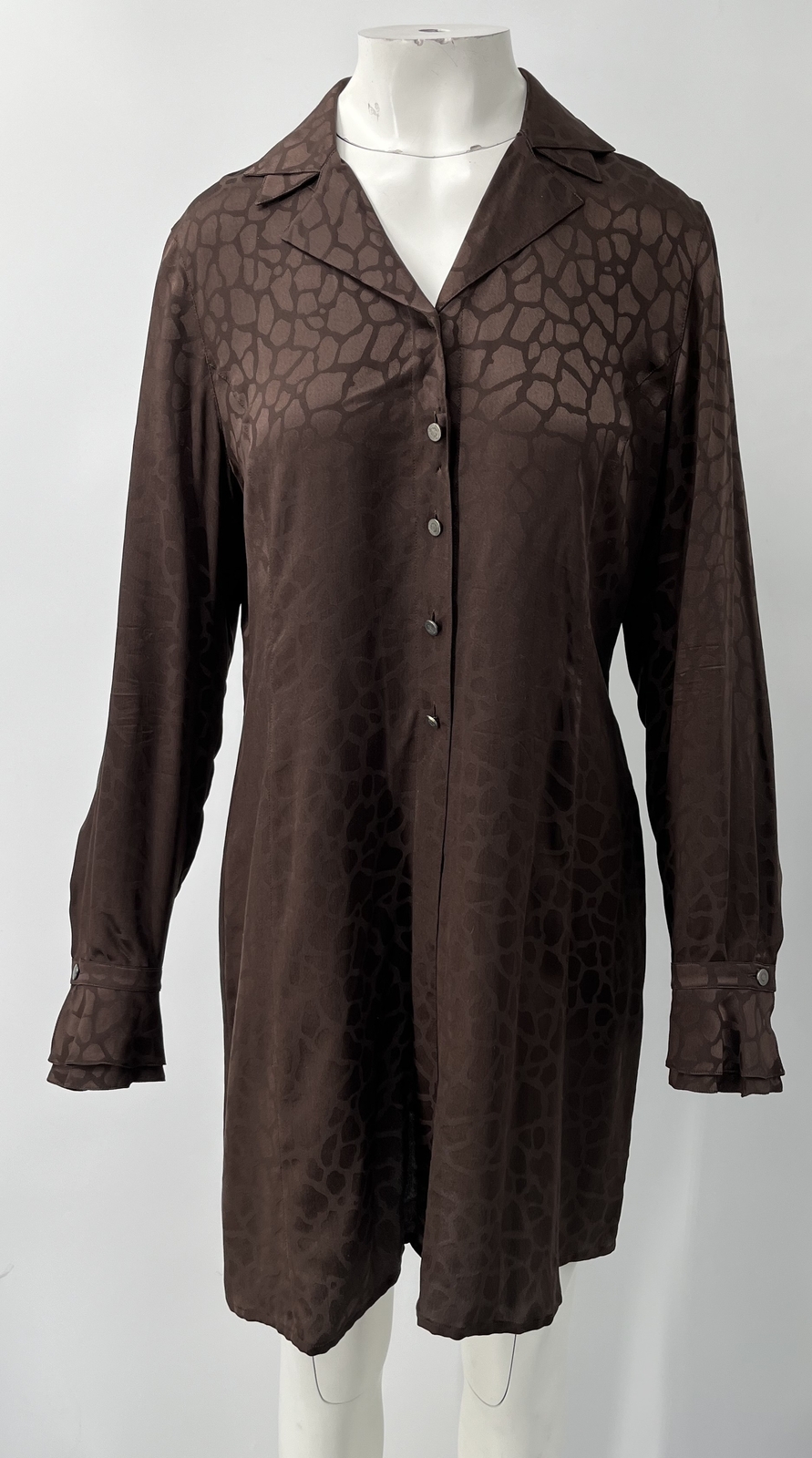 Escada Margaretha Ley Vintage Brown Printed Long Sleeve Silk Shirt Dress sz 40