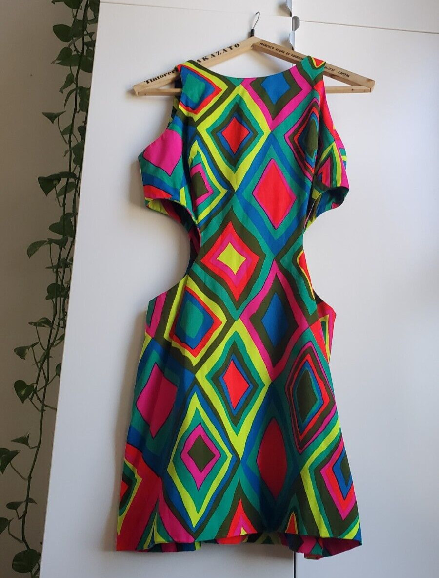 Vintage 60s PSYCHEDELIC Cutout Cotton Geometric Mini MOD GO-GO Beach Sun Dress S