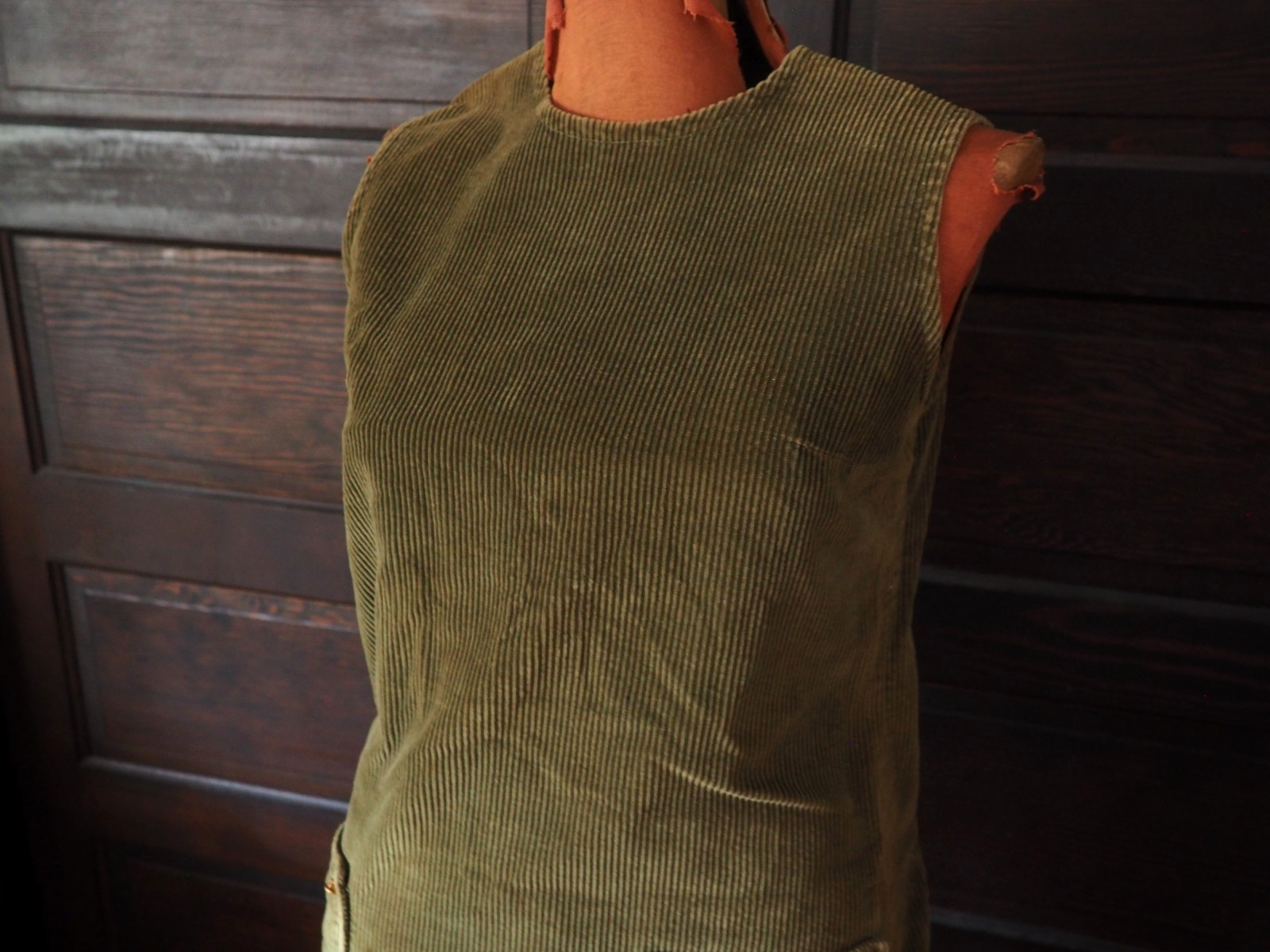 VTG 60s 70s Handmade Boho Hippy Olive Green Corduroy Pocket Farm Dress Women S/M