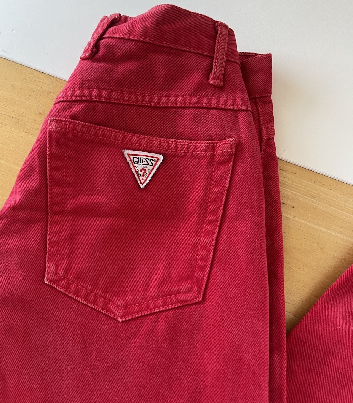 Vintage 1990s Guess Jeans High Rise Scarlet Red Denim Barrel Tapered Mom USA 28