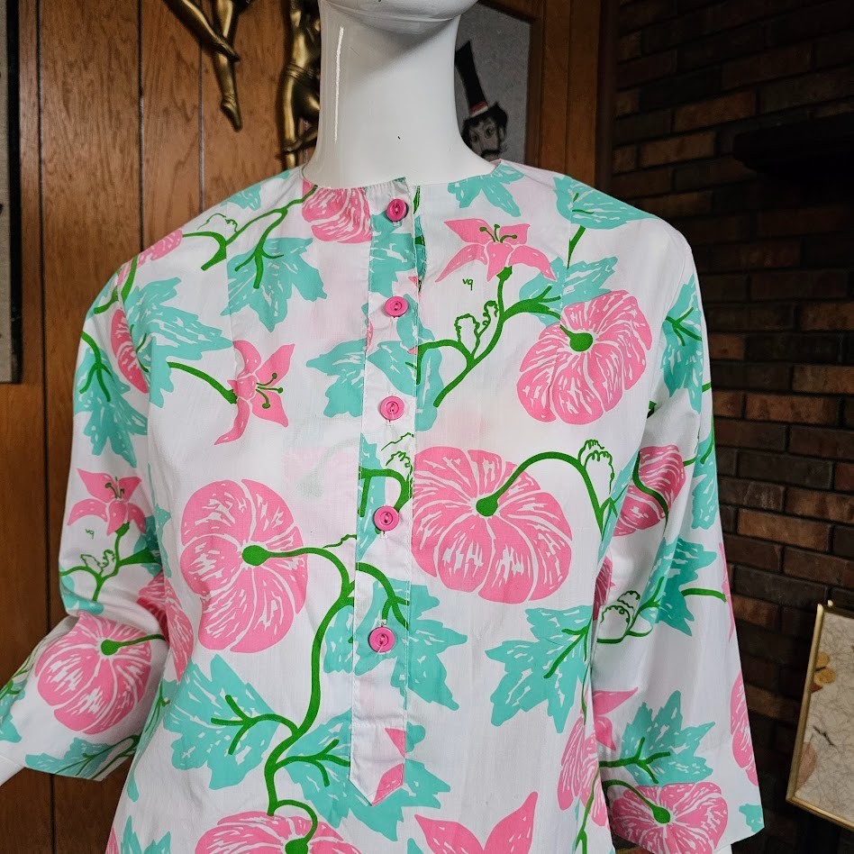 Vintage 70s Novelty Pop Art Floral Vested Gentress Pool Beach Coverup Dress S/M