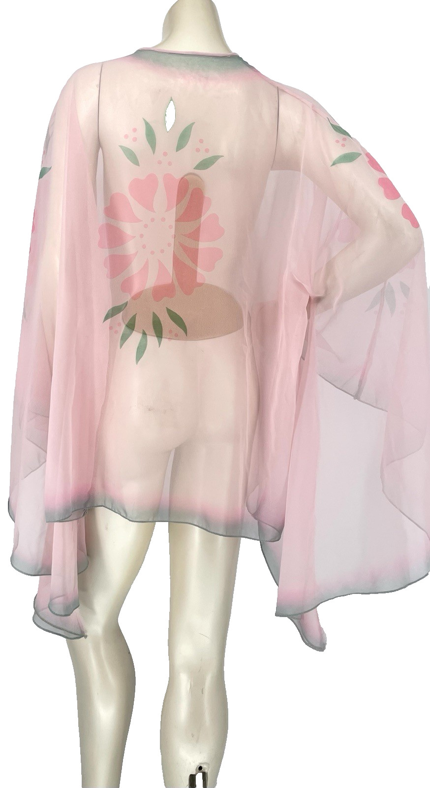 VTG 1970s Flapper Pink Hippie Fairy Sheer Fluted Kimono Sleeves Top Wrap Shrug
