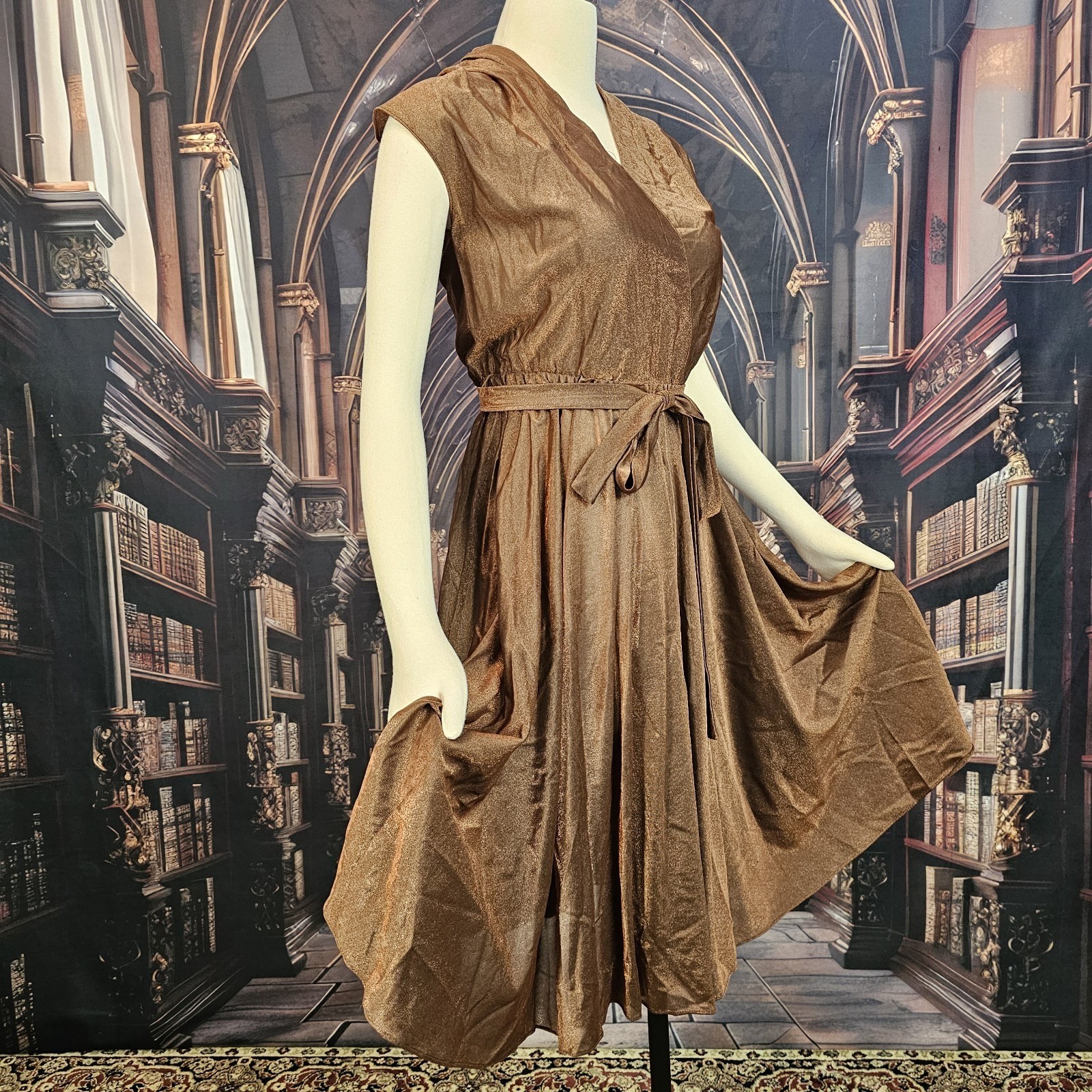 Vintage 1970s Dress Copper Brown V-neckline Cap Sleeve Tie Waist Circle Skirt