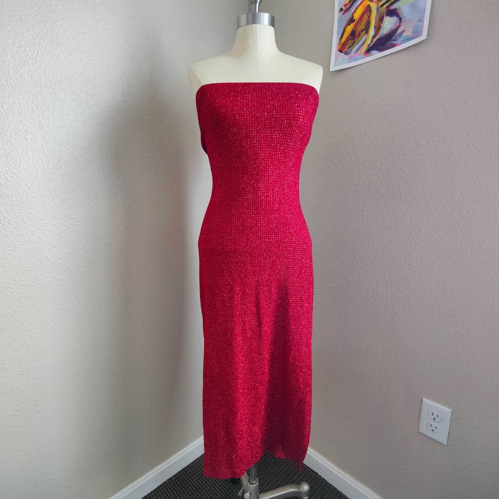 Vintage Y2K Wet Seal Red Glitter Strapless Midi Tube Dress Deadstock NWT Medium