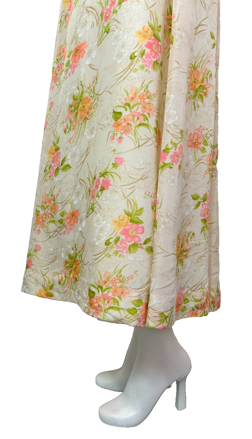 70s Floral Satin Hostess Dress Size Medium Maxi Collared V-Neck Long Sleeve EUC
