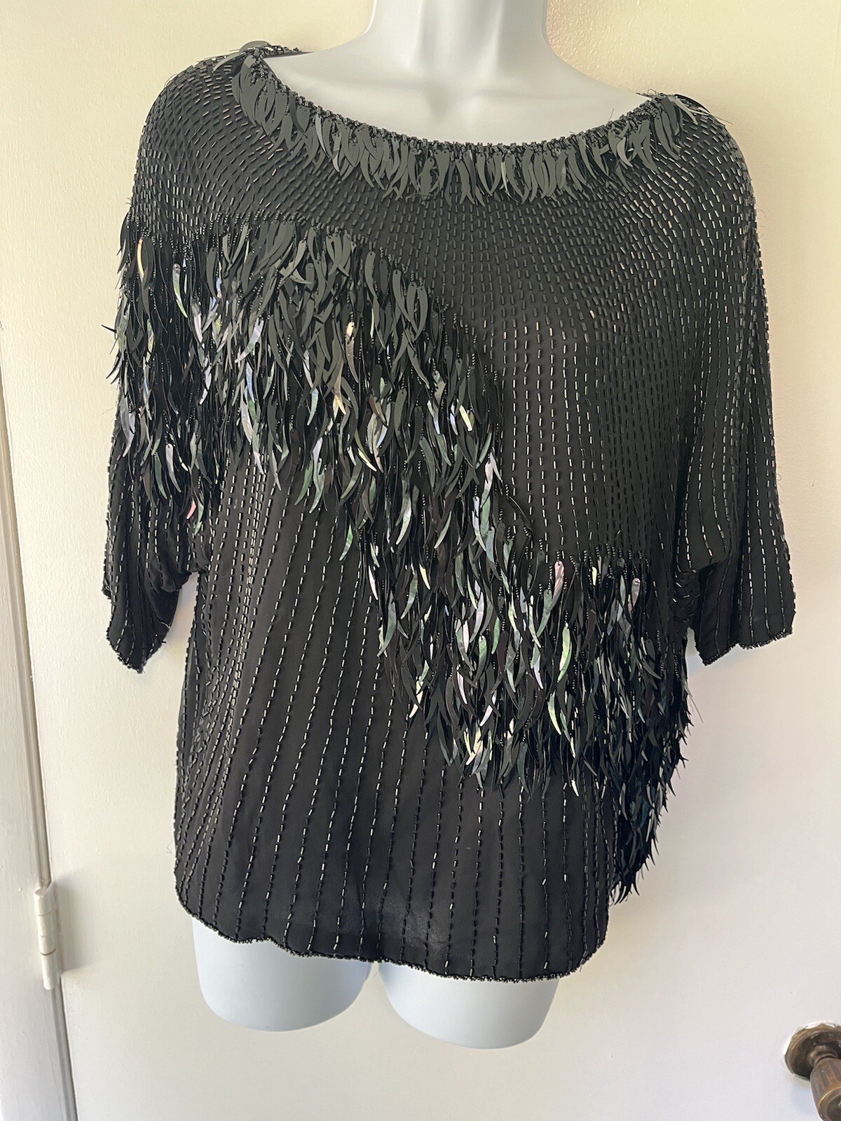 Silk Sequin Vintage Oleg Cassini Beaded Top Black Tie Medium Formal Party