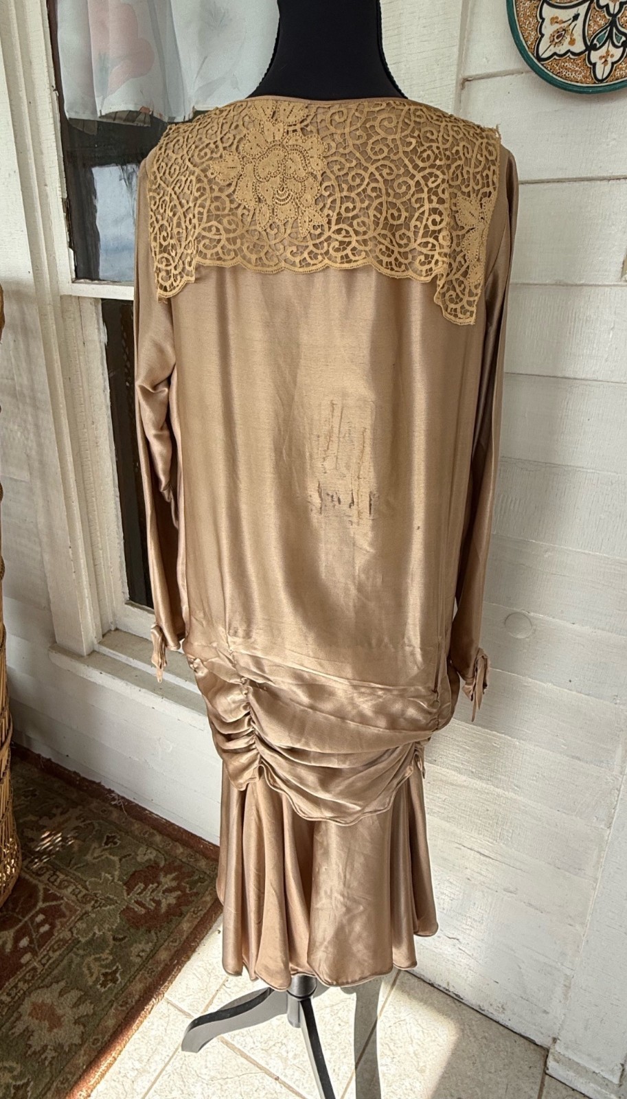 Antique 1920s Tan Silk Flapper Dress With Lace Yoke AS IS TLC Size M