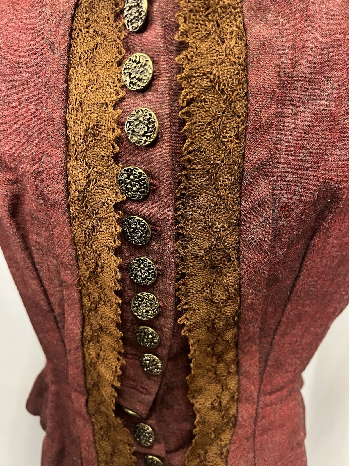 1880’s Winter Wool Bodice For Bustle Gown. Red/Brown With Black & White