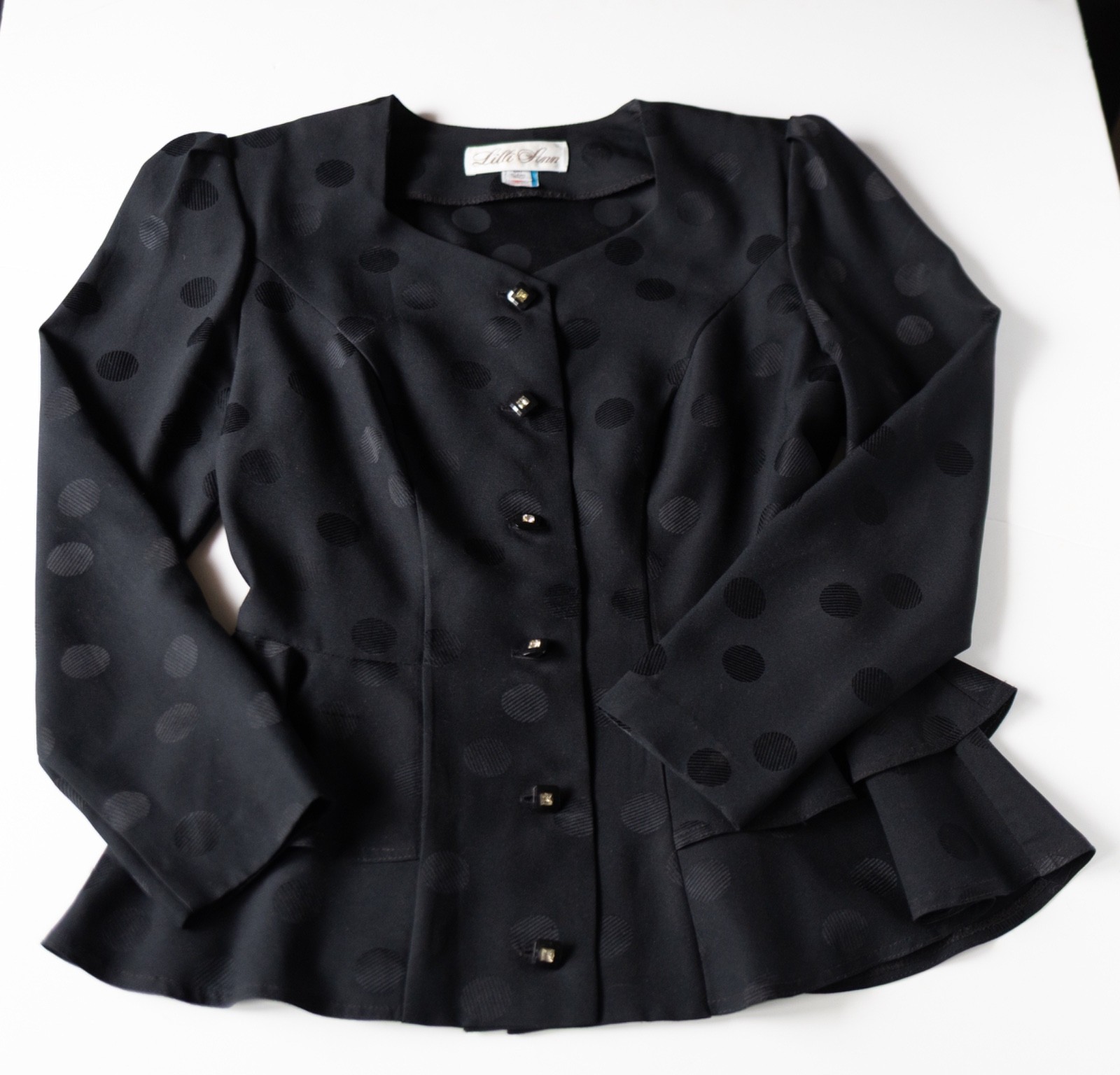 Vintage Lilli Ann Black Polka Dot Peplum Blazer Lucite Buttons Padded Size 10