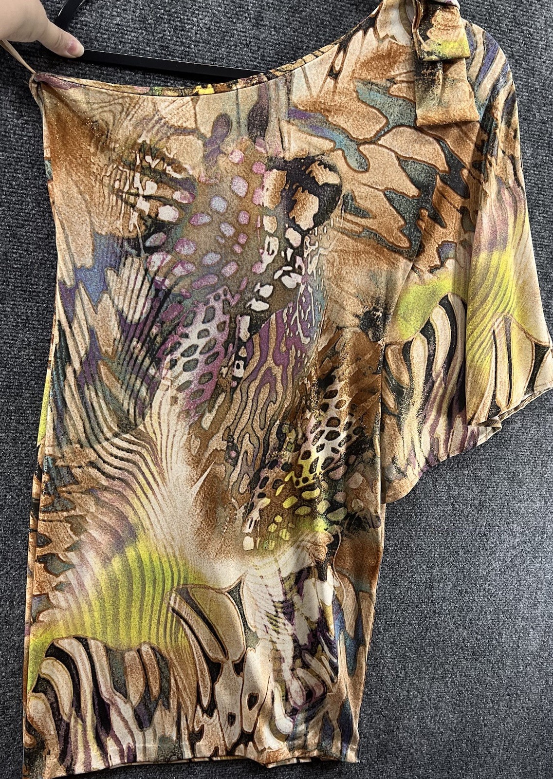 Vtg Cache One Shoulder Bodycon Mini Dress Brown Monarch Butterfly Print Y2K Club
