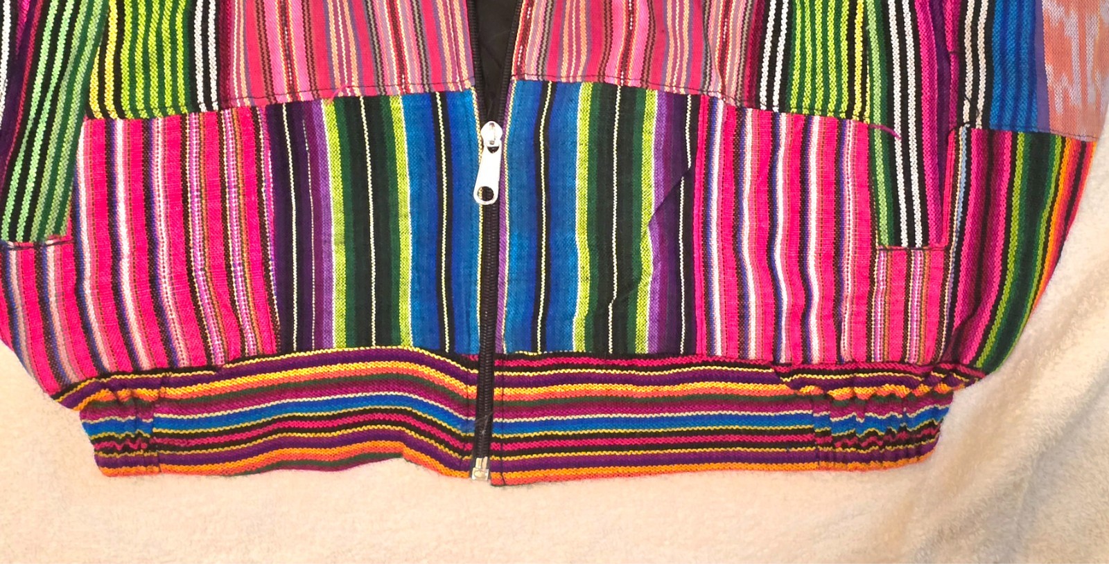 Huipil Strip Guatemala Hippie Patchwork Festival Woven Zip Bomber Jacket VTG 90s
