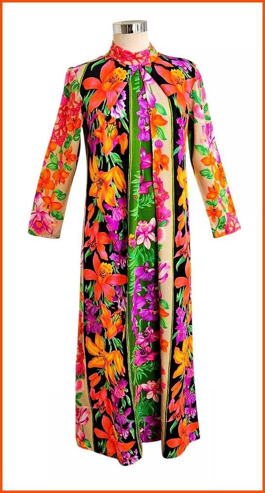 Vintage Floral Column Print Dress – Vibrant Colors – Acrylic Fabric