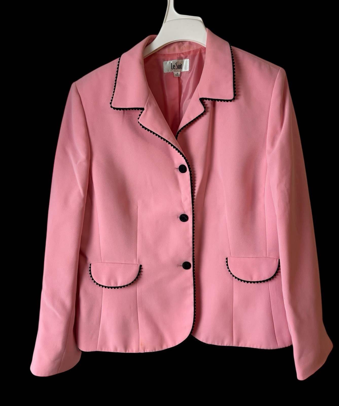 Vintage 1980’s Women’s Size 18 Le Suit Pink Blazer With Black Piping READ