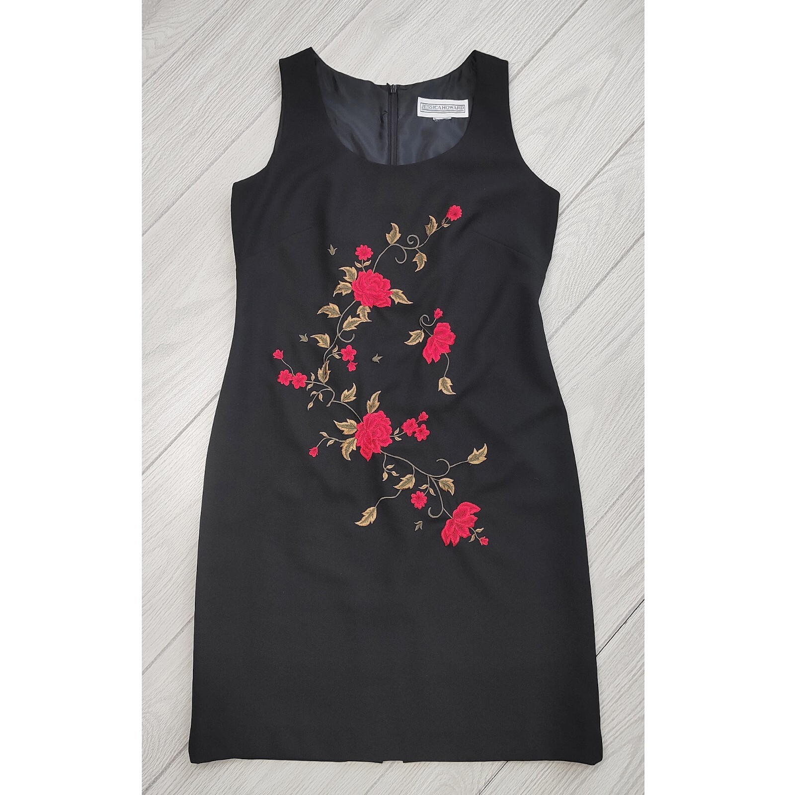 Vintage 90s Black Floral Dress Sheath Embroidered Whimsy Goth Jessica Howard M
