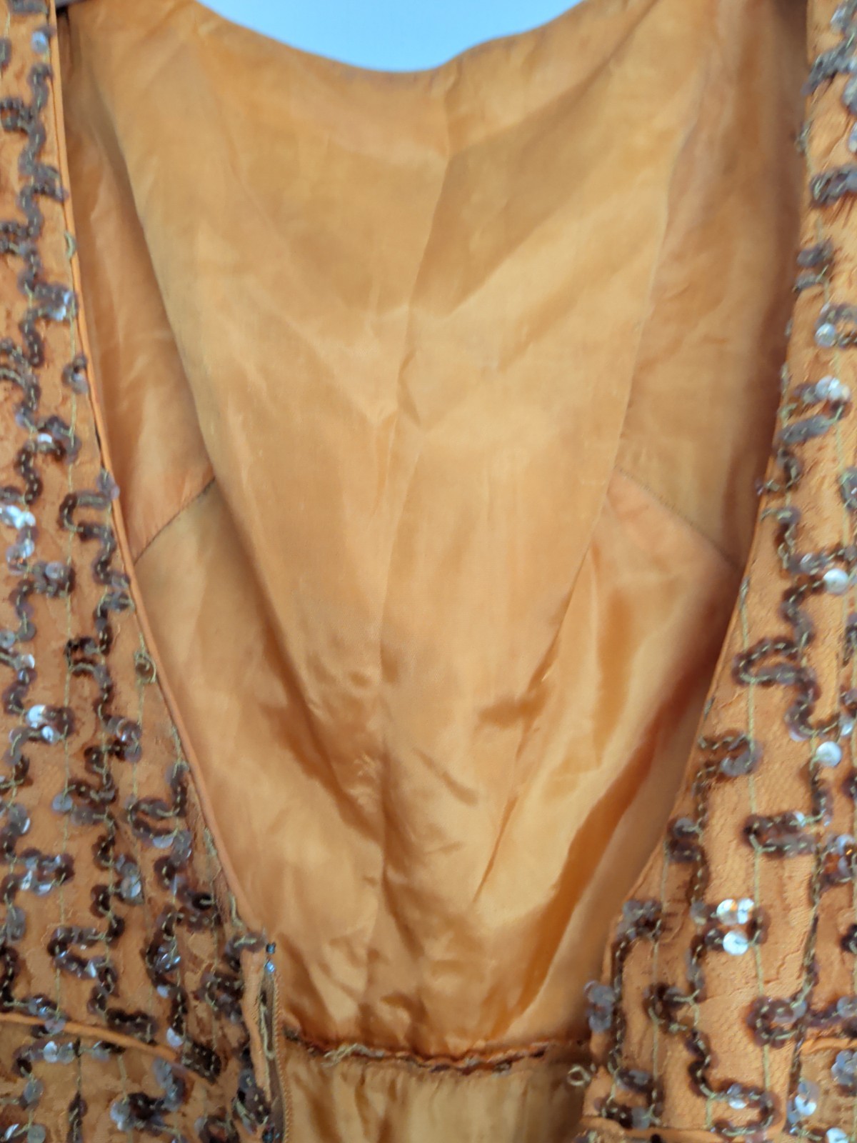 Vintage 60s Mod Burnt Orange Bronze Sequin Dress Column Low Back 36