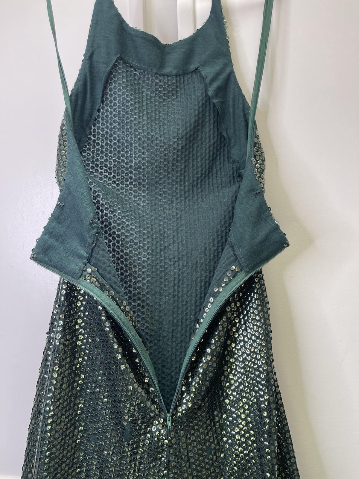 Vtg 70s Emerald Green Sequin Halter Maxi Dress ILGWU Union Made Disco Glam XS/S