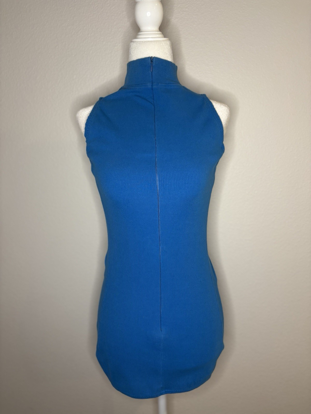 Vtg Mod Courrèges Paris Blue Ribbed Mock Neck Zip Top 38 US 4 Made in France