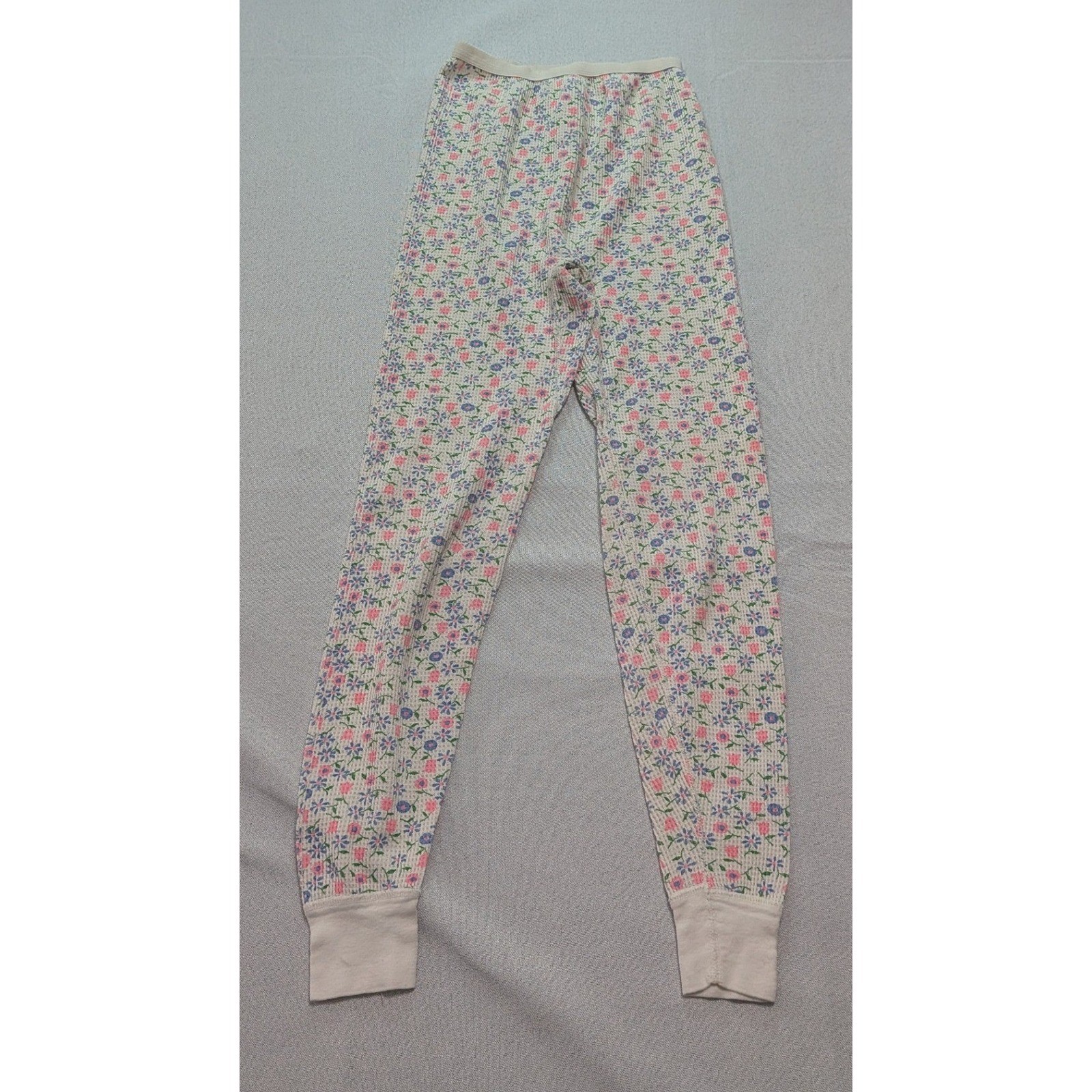 Sears Thermal Pants Girls L 14-16 Cream Floral Vintage Waffle Knit Long Johns