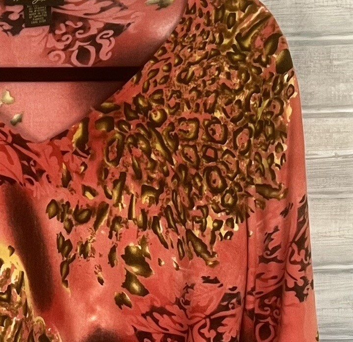 Vintage 70s Kenneth Jay Lane Size L Large Blouse Orange Red Cheetah Women