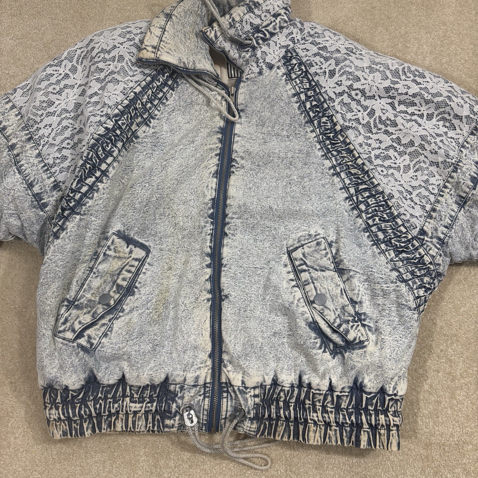 Vintage Original 80s East West Acid Wash Denim L Puffer Jacket Small Floral Lace