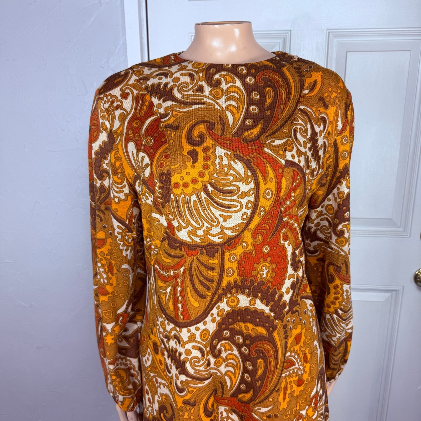 Vintage 70s Unbranded Women&rsquo;s Dress Wool Paisley Mod Retro Long sleeve L3-20