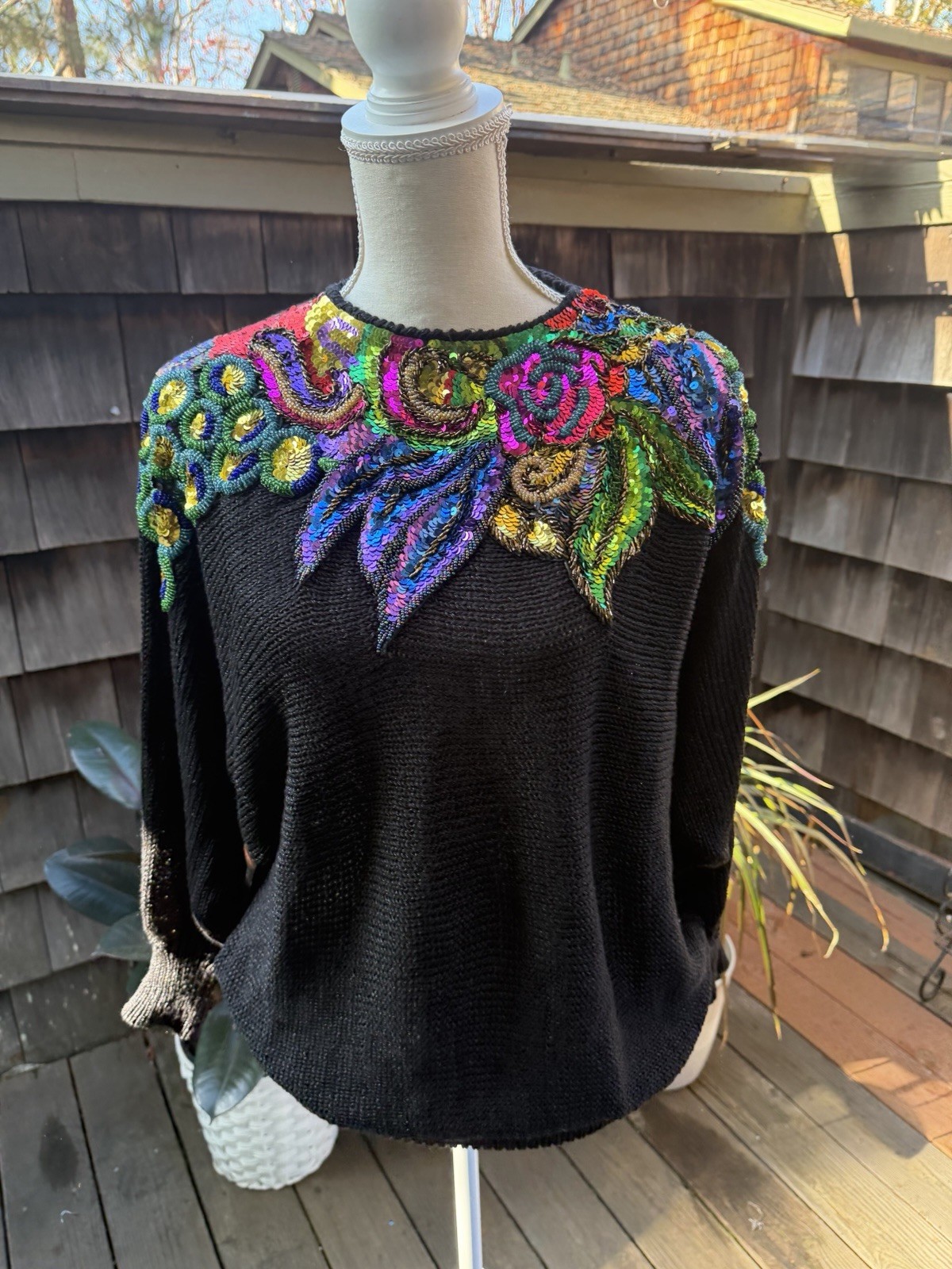 Vtg 80s Glam Knit Sweater Sequins Accents Sz L Rochelle CA