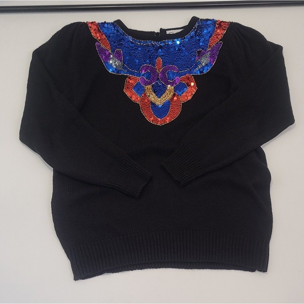 Statements by pronto vintage black redblue long sleeve sequin sweater size small