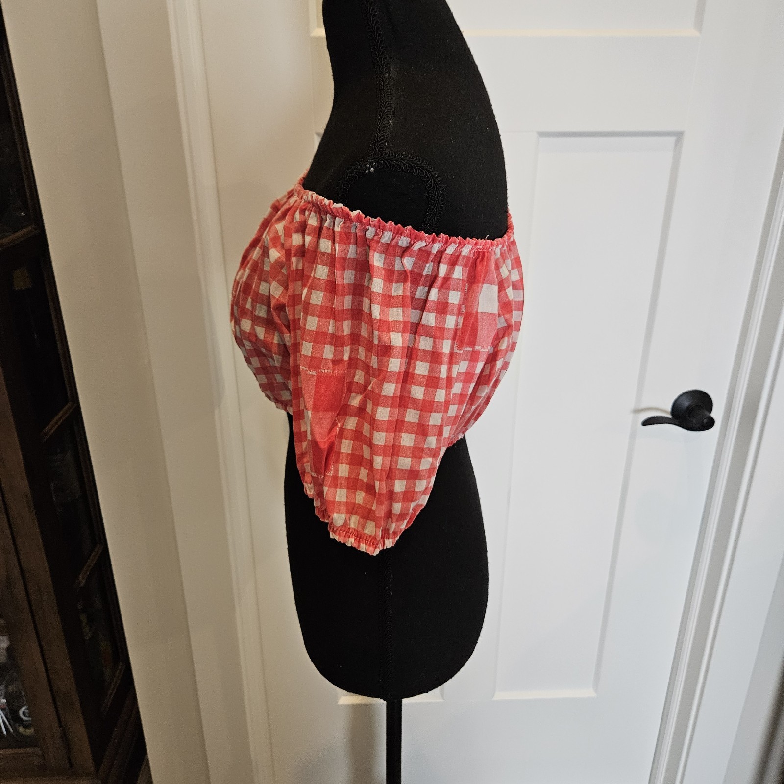 VTG 1970s Sears JR Bazaar Red/White Checker Gingham Off Shoulder Cotton Crop Top