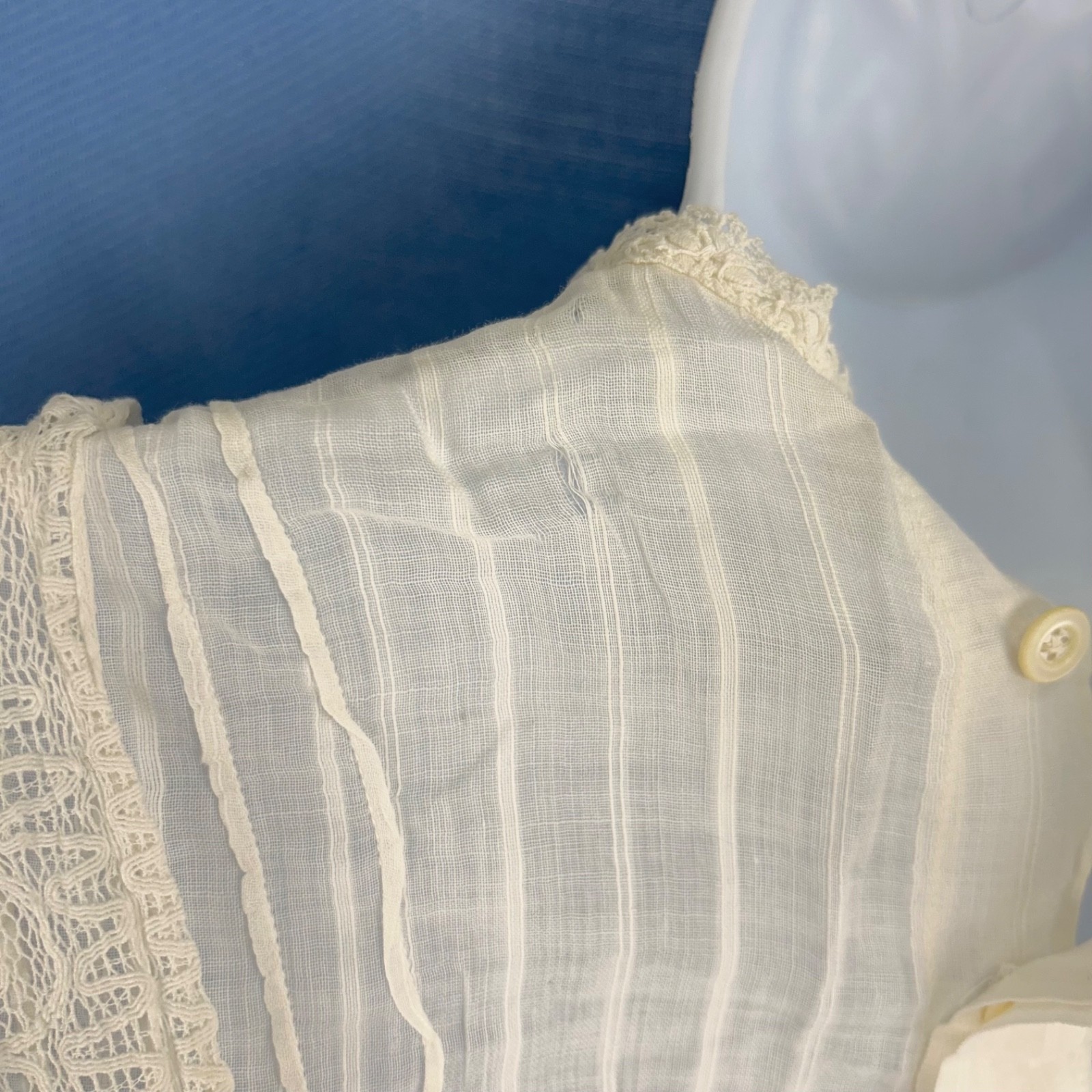 Antique Early 20th Century Sheer White Cotton Tea Gown Pintuck Pleats, Lace
