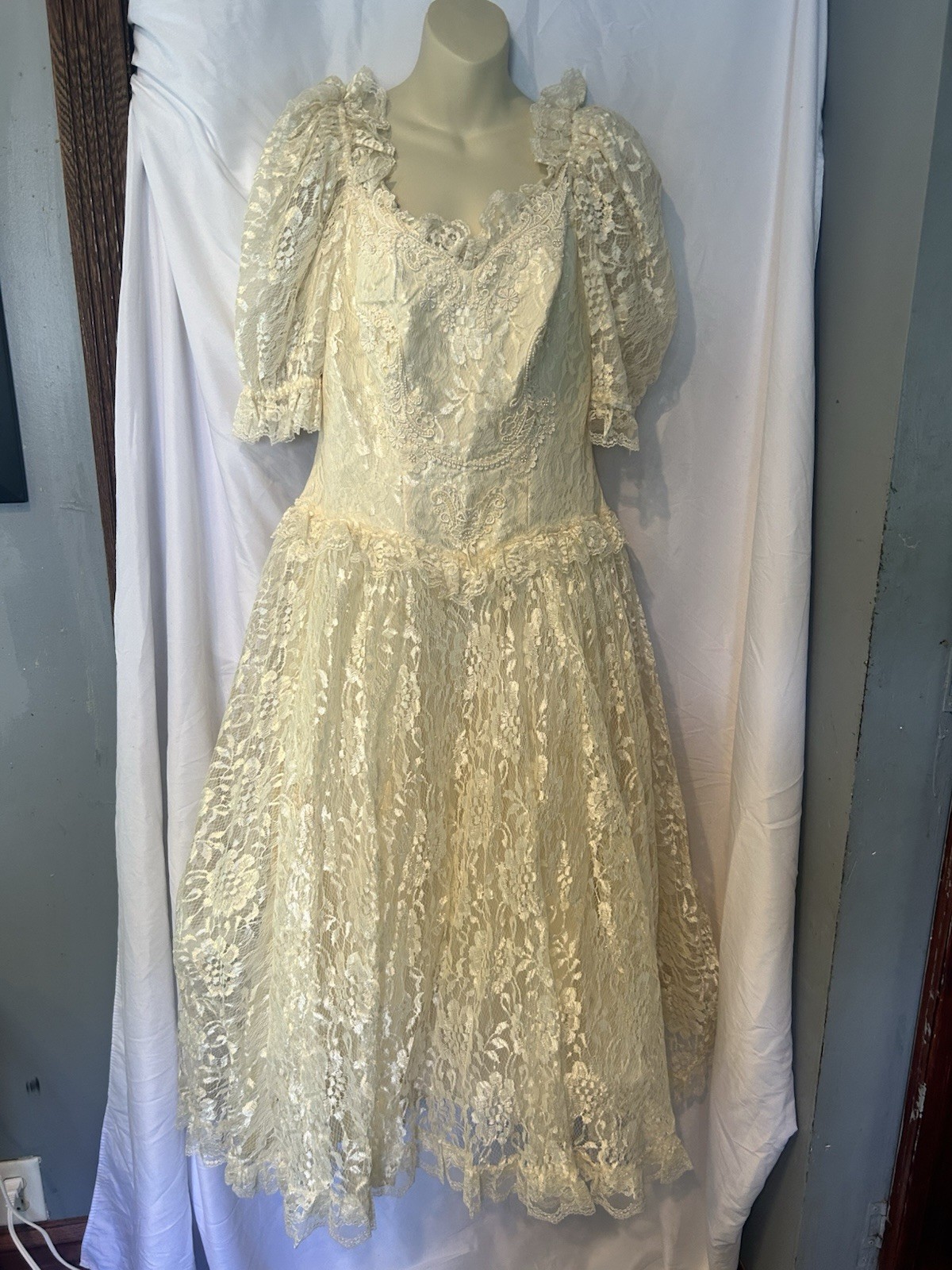 Vintage Cottage Core Wedding Dress Puffy Lace Hippie Prairie 1980s Sz 13/14