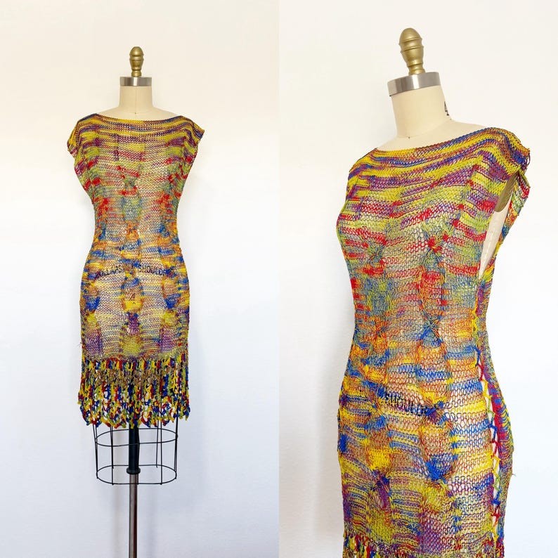 1970s Crochet Dress – Knit Dress – Rainbow Dress Dress – Size Medium – Large