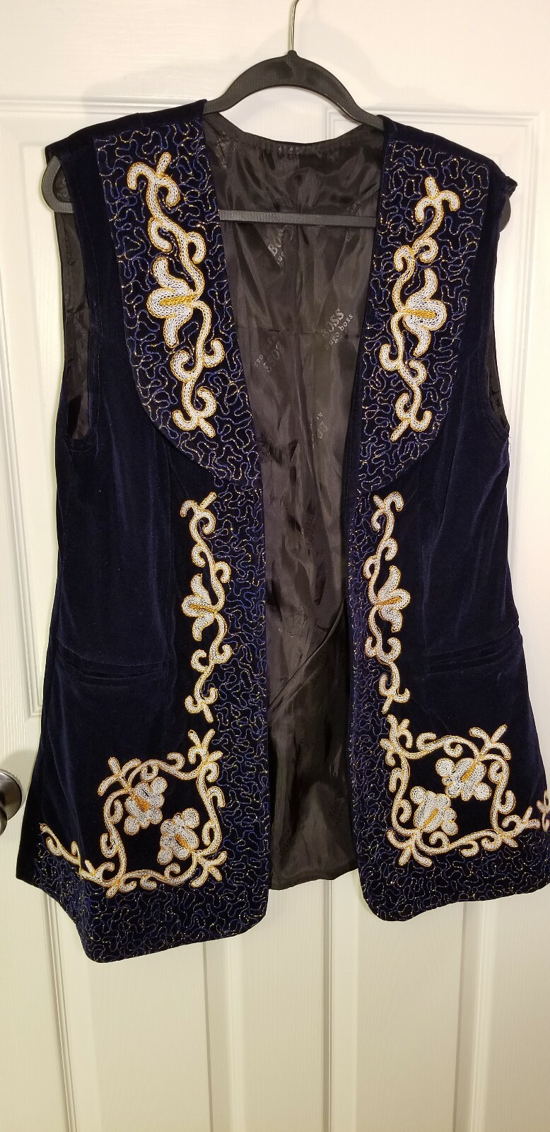 Vintage Hugo Boss, M/L, Vest, Navy Blue, Embroidered floral white and gold.