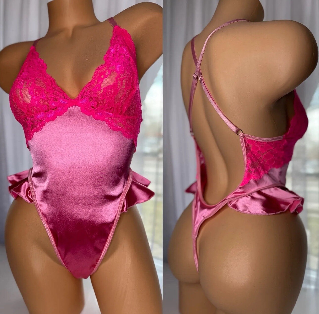 L 7 Second Skin Satin Hi Cut Leg Teddy Spandex Thong panty Ruffle Bodysuit PINK
