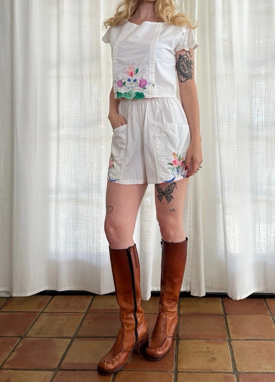 1970s Embroidered Cotton Matching Set Cottage Boho Hippie Vintage 70s