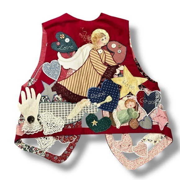 Handmade Angel Vest Patchwork Applique Embroidery Hearts Cottagecore 80s Teacher