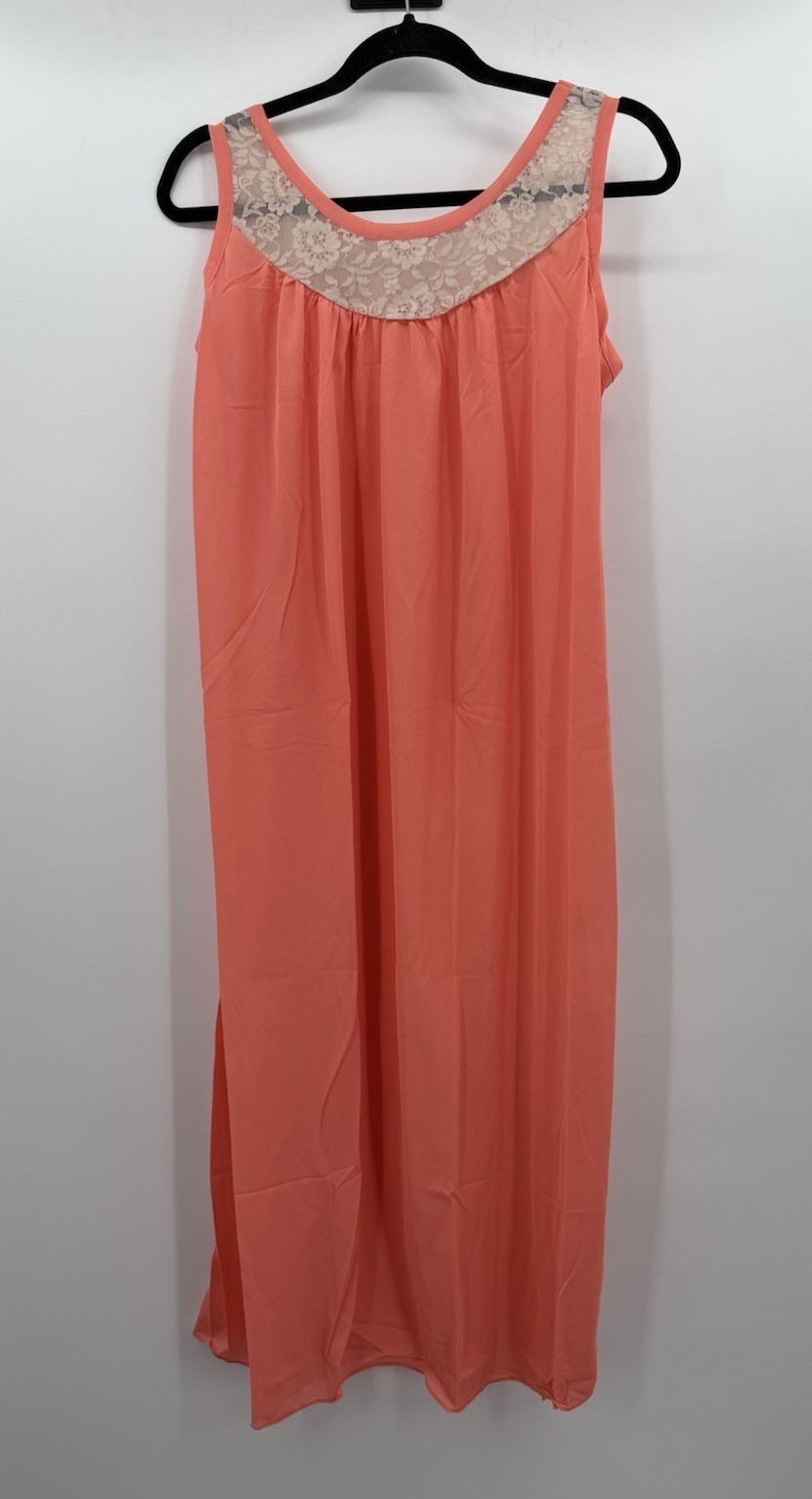 Vintage NOS Nightgown Medium Romantic Full Length Peach Nylon Ivory Lace