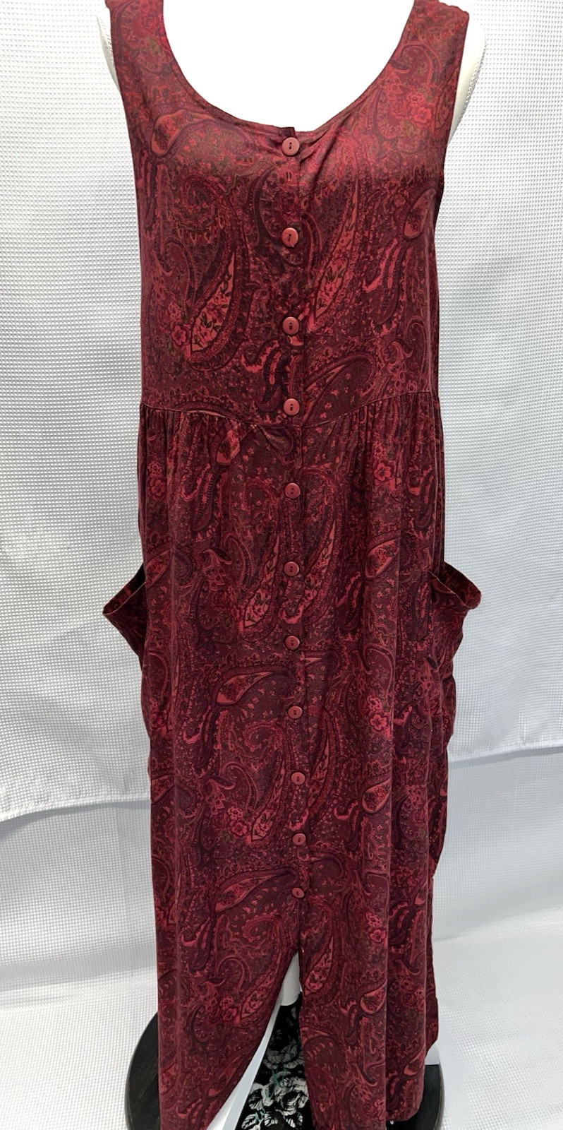 Vintage April Cornell for Cornell Trading Maroon Paisley Maxi Sleeveless q58
